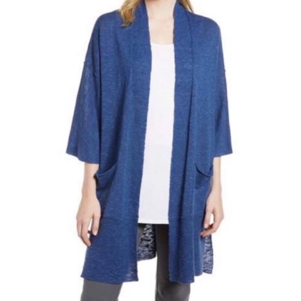 Eileen Fisher Woman Cardigan Duster Organic Linen Cotton Slub Knit Lightweight
